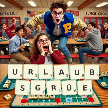 Kreative Illustration für ein Scrabble-Spiel, bei dem das Wort URLAUBSGRÜE mit Steinen auf dem Brett gelegt wurde.