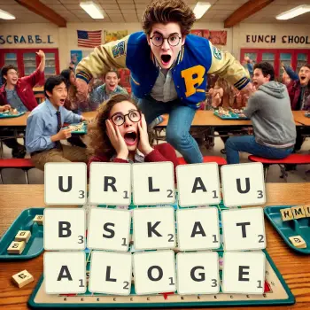 Kreative Illustration für ein Scrabble-Spiel, bei dem das Wort URLAUBSKATALOGE mit Steinen auf dem Brett gelegt wurde.