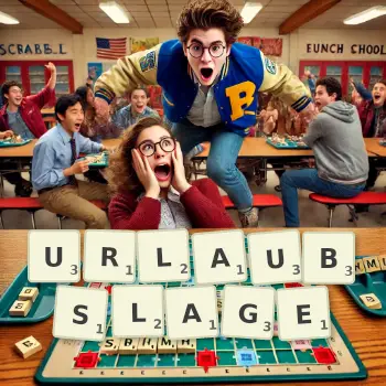 Kreative Illustration für ein Scrabble-Spiel, bei dem das Wort URLAUBSLAGE mit Steinen auf dem Brett gelegt wurde.