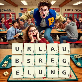 Kreative Illustration für ein Scrabble-Spiel, bei dem das Wort URLAUBSREGELUNG mit Steinen auf dem Brett gelegt wurde.