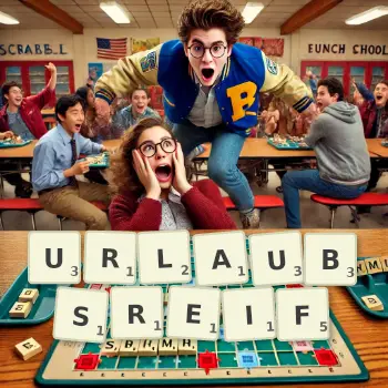 Kreative Illustration für ein Scrabble-Spiel, bei dem das Wort URLAUBSREIF mit Steinen auf dem Brett gelegt wurde.