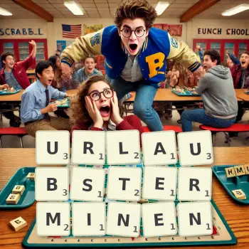 Kreative Illustration für ein Scrabble-Spiel, bei dem das Wort URLAUBSTERMINEN mit Steinen auf dem Brett gelegt wurde.