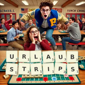 Kreative Illustration für ein Scrabble-Spiel, bei dem das Wort URLAUBSTRIPS mit Steinen auf dem Brett gelegt wurde.