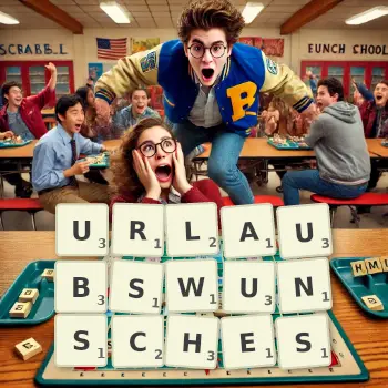 Kreative Illustration für ein Scrabble-Spiel, bei dem das Wort URLAUBSWUNSCHES mit Steinen auf dem Brett gelegt wurde.