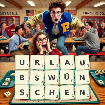 Kreative Illustration für ein Scrabble-Spiel, bei dem das Wort URLAUBSWÜNSCHEN mit Steinen auf dem Brett gelegt wurde.