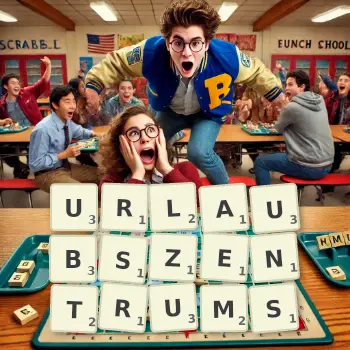 Kreative Illustration für ein Scrabble-Spiel, bei dem das Wort URLAUBSZENTRUMS mit Steinen auf dem Brett gelegt wurde.