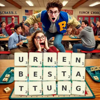 Kreative Illustration für ein Scrabble-Spiel, bei dem das Wort URNENBESTATTUNG mit Steinen auf dem Brett gelegt wurde.