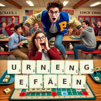 Kreative Illustration für ein Scrabble-Spiel, bei dem das Wort URNENGEFÄEN mit Steinen auf dem Brett gelegt wurde.