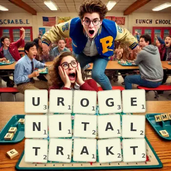 Kreative Illustration für ein Scrabble-Spiel, bei dem das Wort UROGENITALTRAKT mit Steinen auf dem Brett gelegt wurde.