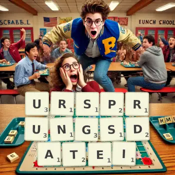 Kreative Illustration für ein Scrabble-Spiel, bei dem das Wort URSPRUNGSDATEI mit Steinen auf dem Brett gelegt wurde.