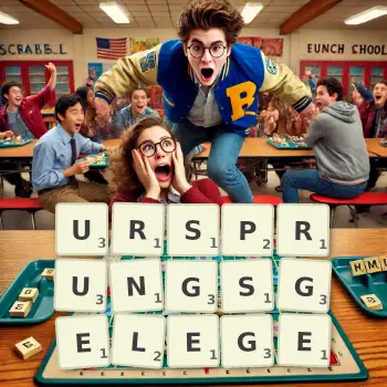 Kreative Illustration für ein Scrabble-Spiel, bei dem das Wort URSPRUNGSGELEGE mit Steinen auf dem Brett gelegt wurde.