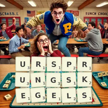 Kreative Illustration für ein Scrabble-Spiel, bei dem das Wort URSPRUNGSKEGELS mit Steinen auf dem Brett gelegt wurde.