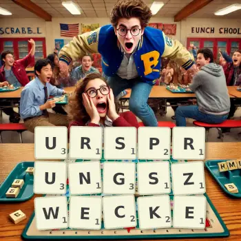 Kreative Illustration für ein Scrabble-Spiel, bei dem das Wort URSPRUNGSZWECKE mit Steinen auf dem Brett gelegt wurde.