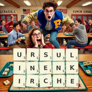 Kreative Illustration für ein Scrabble-Spiel, bei dem das Wort URSULINENKIRCHE mit Steinen auf dem Brett gelegt wurde.