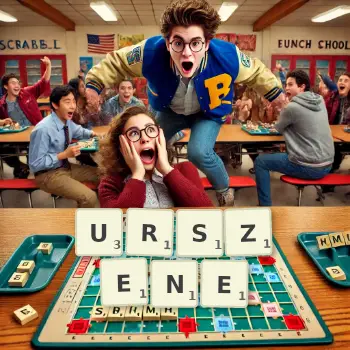 Kreative Illustration für ein Scrabble-Spiel, bei dem das Wort URSZENE mit Steinen auf dem Brett gelegt wurde.