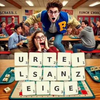 Kreative Illustration für ein Scrabble-Spiel, bei dem das Wort URTEILSANZEIGE mit Steinen auf dem Brett gelegt wurde.