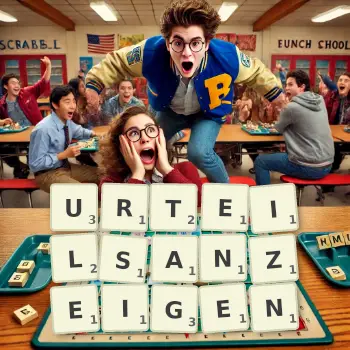 Kreative Illustration für ein Scrabble-Spiel, bei dem das Wort URTEILSANZEIGEN mit Steinen auf dem Brett gelegt wurde.