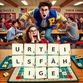 Kreative Illustration für ein Scrabble-Spiel, bei dem das Wort URTEILSFÄHIGE mit Steinen auf dem Brett gelegt wurde.