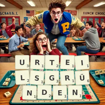 Kreative Illustration für ein Scrabble-Spiel, bei dem das Wort URTEILSGRÜNDEN mit Steinen auf dem Brett gelegt wurde.