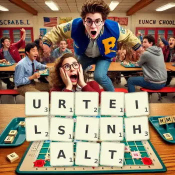 Kreative Illustration für ein Scrabble-Spiel, bei dem das Wort URTEILSINHALT mit Steinen auf dem Brett gelegt wurde.
