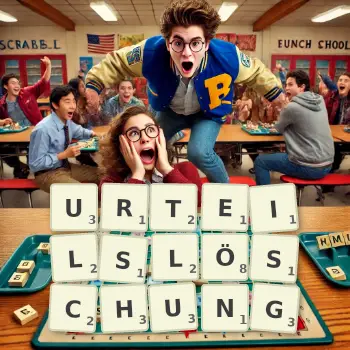 Kreative Illustration für ein Scrabble-Spiel, bei dem das Wort URTEILSLÖSCHUNG mit Steinen auf dem Brett gelegt wurde.