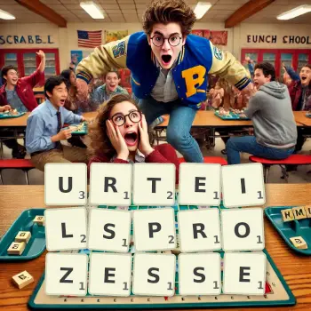 Kreative Illustration für ein Scrabble-Spiel, bei dem das Wort URTEILSPROZESSE mit Steinen auf dem Brett gelegt wurde.