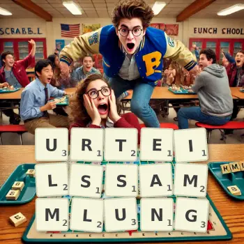 Kreative Illustration für ein Scrabble-Spiel, bei dem das Wort URTEILSSAMMLUNG mit Steinen auf dem Brett gelegt wurde.