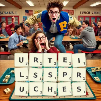 Kreative Illustration für ein Scrabble-Spiel, bei dem das Wort URTEILSSPRUCHES mit Steinen auf dem Brett gelegt wurde.