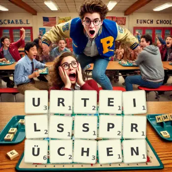 Kreative Illustration für ein Scrabble-Spiel, bei dem das Wort URTEILSSPRÜCHEN mit Steinen auf dem Brett gelegt wurde.