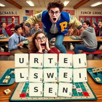 Kreative Illustration für ein Scrabble-Spiel, bei dem das Wort URTEILSWEISEN mit Steinen auf dem Brett gelegt wurde.