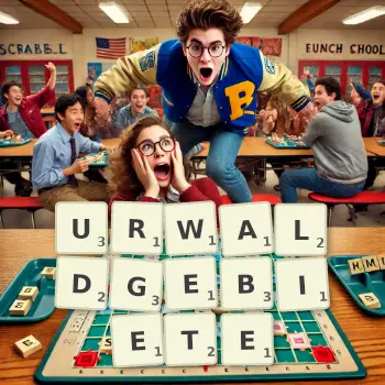 Kreative Illustration für ein Scrabble-Spiel, bei dem das Wort URWALDGEBIETE mit Steinen auf dem Brett gelegt wurde.