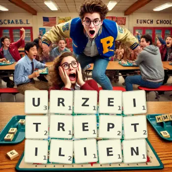 Kreative Illustration für ein Scrabble-Spiel, bei dem das Wort URZEITREPTILIEN mit Steinen auf dem Brett gelegt wurde.