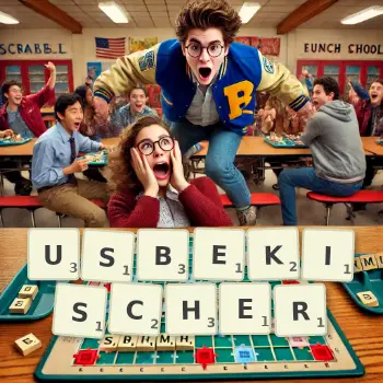 Kreative Illustration für ein Scrabble-Spiel, bei dem das Wort USBEKISCHER mit Steinen auf dem Brett gelegt wurde.