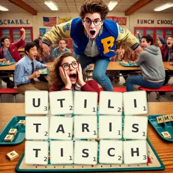 Kreative Illustration für ein Scrabble-Spiel, bei dem das Wort UTILITARISTISCH mit Steinen auf dem Brett gelegt wurde.
