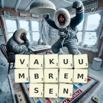 Kreative Illustration für ein Scrabble-Spiel, bei dem das Wort VAKUUMBREMSEN mit Steinen auf dem Brett gelegt wurde.