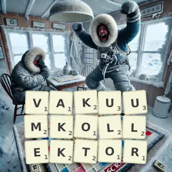 Kreative Illustration für ein Scrabble-Spiel, bei dem das Wort VAKUUMKOLLEKTOR mit Steinen auf dem Brett gelegt wurde.