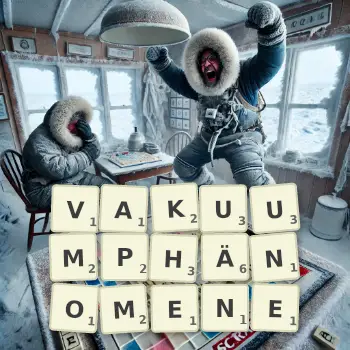 Kreative Illustration für ein Scrabble-Spiel, bei dem das Wort VAKUUMPHÄNOMENE mit Steinen auf dem Brett gelegt wurde.