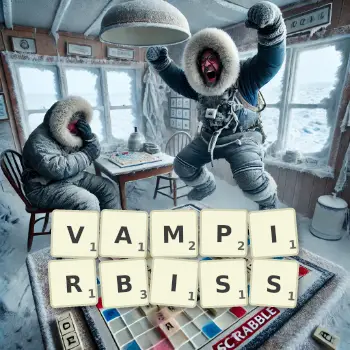 Kreative Illustration für ein Scrabble-Spiel, bei dem das Wort VAMPIRBISS mit Steinen auf dem Brett gelegt wurde.