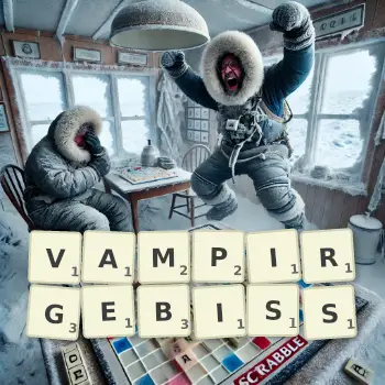 Kreative Illustration für ein Scrabble-Spiel, bei dem das Wort VAMPIRGEBISS mit Steinen auf dem Brett gelegt wurde.