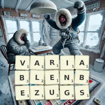 Kreative Illustration für ein Scrabble-Spiel, bei dem das Wort VARIABLENBEZUGS mit Steinen auf dem Brett gelegt wurde.