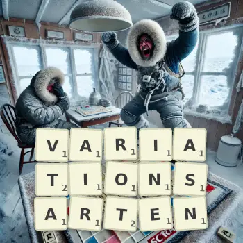 Kreative Illustration für ein Scrabble-Spiel, bei dem das Wort VARIATIONSARTEN mit Steinen auf dem Brett gelegt wurde.