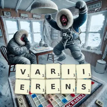 Kreative Illustration für ein Scrabble-Spiel, bei dem das Wort VARIIERENS mit Steinen auf dem Brett gelegt wurde.