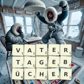 Kreative Illustration für ein Scrabble-Spiel, bei dem das Wort VATERTAGEBÜCHER mit Steinen auf dem Brett gelegt wurde.
