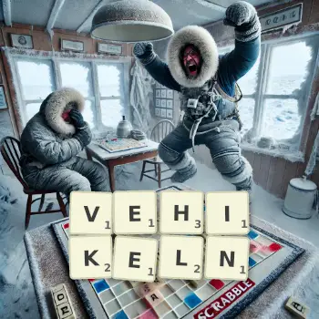 Kreative Illustration für ein Scrabble-Spiel, bei dem das Wort VEHIKELN mit Steinen auf dem Brett gelegt wurde.