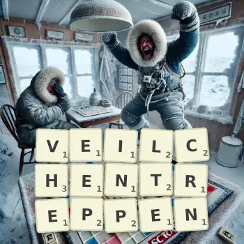 Kreative Illustration für ein Scrabble-Spiel, bei dem das Wort VEILCHENTREPPEN mit Steinen auf dem Brett gelegt wurde.