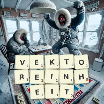 Kreative Illustration für ein Scrabble-Spiel, bei dem das Wort VEKTOREINHEIT mit Steinen auf dem Brett gelegt wurde.