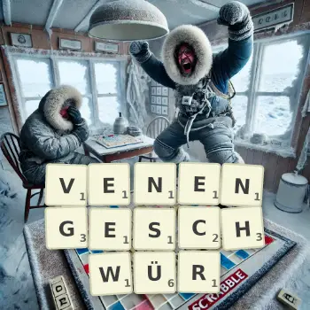 Kreative Illustration für ein Scrabble-Spiel, bei dem das Wort VENENGESCHWÜR mit Steinen auf dem Brett gelegt wurde.