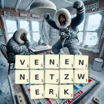 Kreative Illustration für ein Scrabble-Spiel, bei dem das Wort VENENNETZWERK mit Steinen auf dem Brett gelegt wurde.
