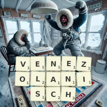 Kreative Illustration für ein Scrabble-Spiel, bei dem das Wort VENEZOLANISCH mit Steinen auf dem Brett gelegt wurde.