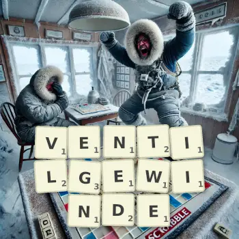 Kreative Illustration für ein Scrabble-Spiel, bei dem das Wort VENTILGEWINDE mit Steinen auf dem Brett gelegt wurde.